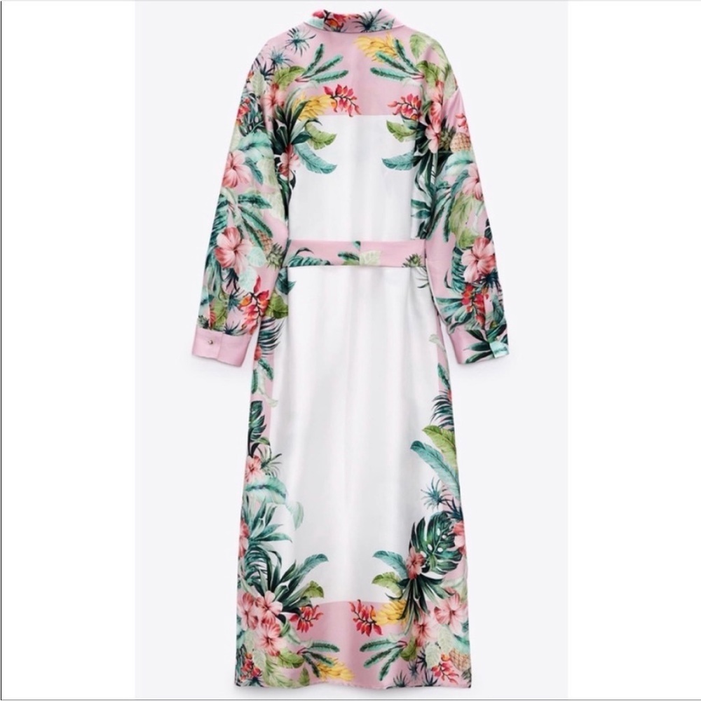 NWT Zara Pink and Green Tropical Resort wear Beach  Floral Shirt Dress Sz XL - Picture 2 of 16